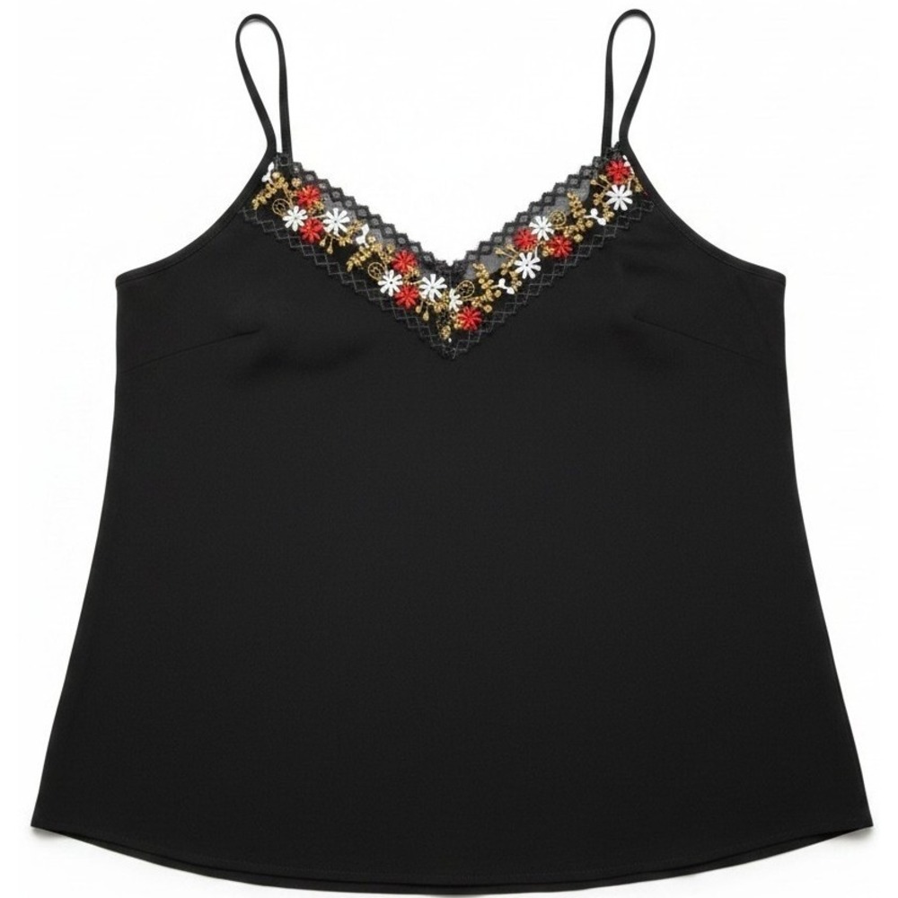 NWT Womens Black Floral Embroidered Cami Large Lace Trim Spaghetti Strap Tank - Picture 2 of 2